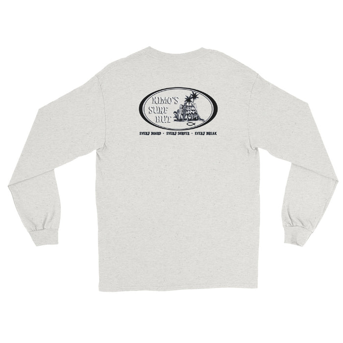 Ash long-sleeve crewneck shirt shown from the back, featuring black and white graphic print of surfboards, palms and hut with the text 'KIMO'S SURF HUT' inside a double oval.