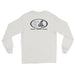 Ash long-sleeve crewneck shirt shown from the back, featuring black and white graphic print of surfboards, palms and hut with the text 'KIMO'S SURF HUT' inside a double oval.