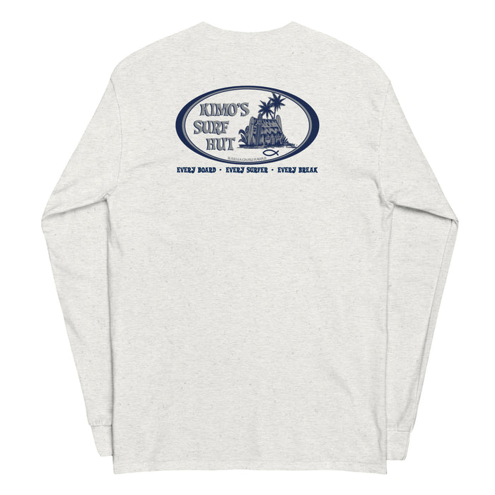 Ash long-sleeve crewneck shirt, featuring a blue and grey graphic print of surfboards, palms and hut with the text 'KIMO'S SURF HUT' inside a double oval back view.