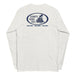Ash long-sleeve crewneck shirt, featuring a blue and grey graphic print of surfboards, palms and hut with the text 'KIMO'S SURF HUT' inside a double oval back view.