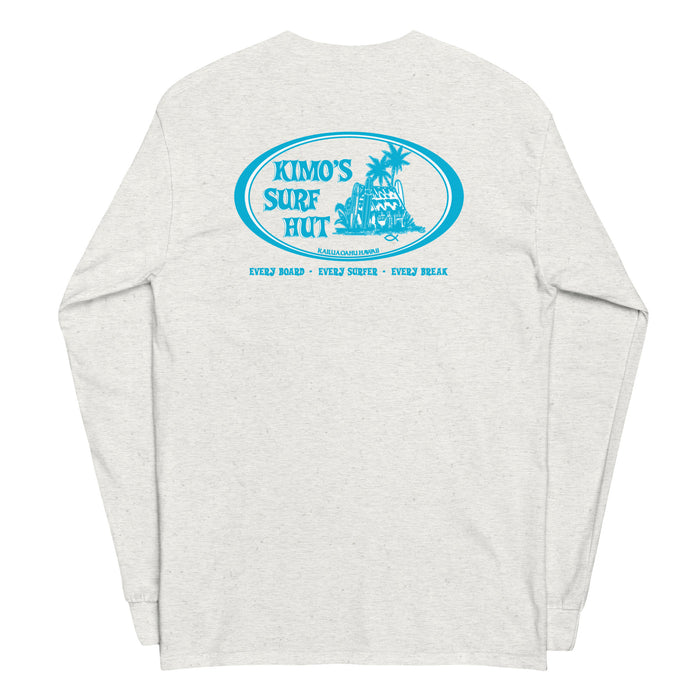 Ash long-sleeve crewneck shirt back view, with baby a blue and white graphic print of surfboards, palms and hut with the text 'KIMO'S SURF HUT' inside a double oval.