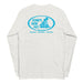 Ash long-sleeve crewneck shirt back view, with baby a blue and white graphic print of surfboards, palms and hut with the text 'KIMO'S SURF HUT' inside a double oval.