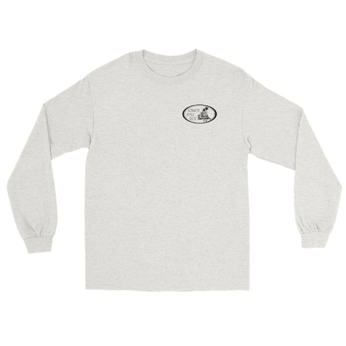 Ash long-sleeve crewneck shirt front view, featuring black and white graphic print of surfboards, palms and hut with the text 'KIMO'S SURF HUT' inside a double oval on the left chest.