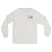 Ash long-sleeve crewneck shirt front view, featuring black and white graphic print of surfboards, palms and hut with the text 'KIMO'S SURF HUT' inside a double oval on the left chest.