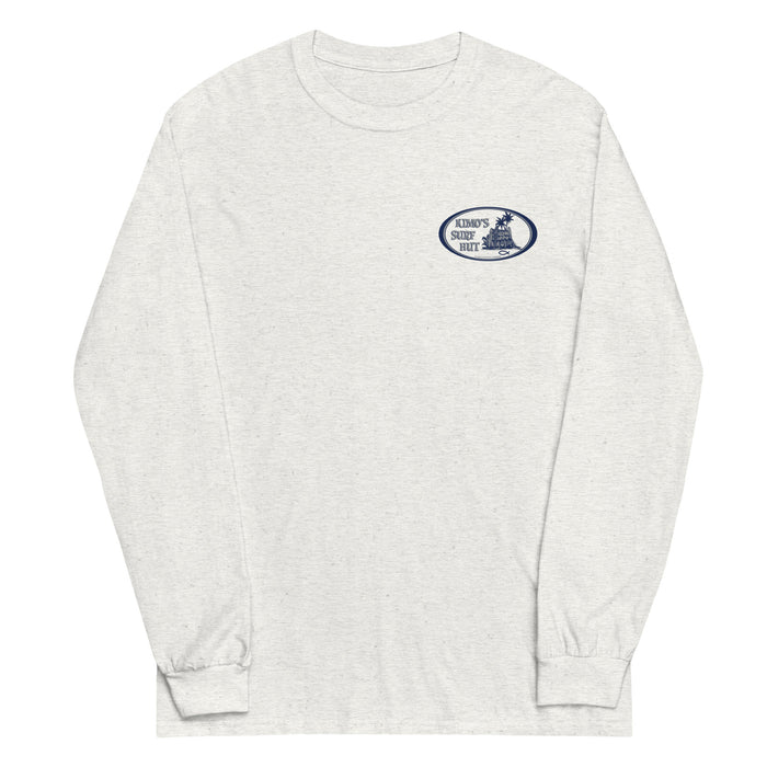 Ash long-sleeve crewneck shirt shown from the front, featuring a blue and grey graphic print of surfboards, palms and hut with the text 'KIMO'S SURF HUT' inside a double oval on the left chest.