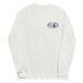 Ash long-sleeve crewneck shirt shown from the front, featuring a blue and grey graphic print of surfboards, palms and hut with the text 'KIMO'S SURF HUT' inside a double oval on the left chest.