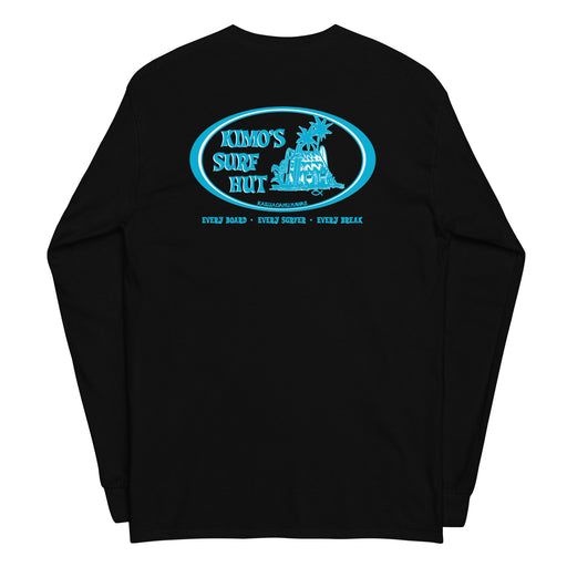 Black long-sleeve crewneck shirt back view, with baby a blue and white graphic print of surfboards, palms and hut with the text 'KIMO'S SURF HUT' inside a double oval.