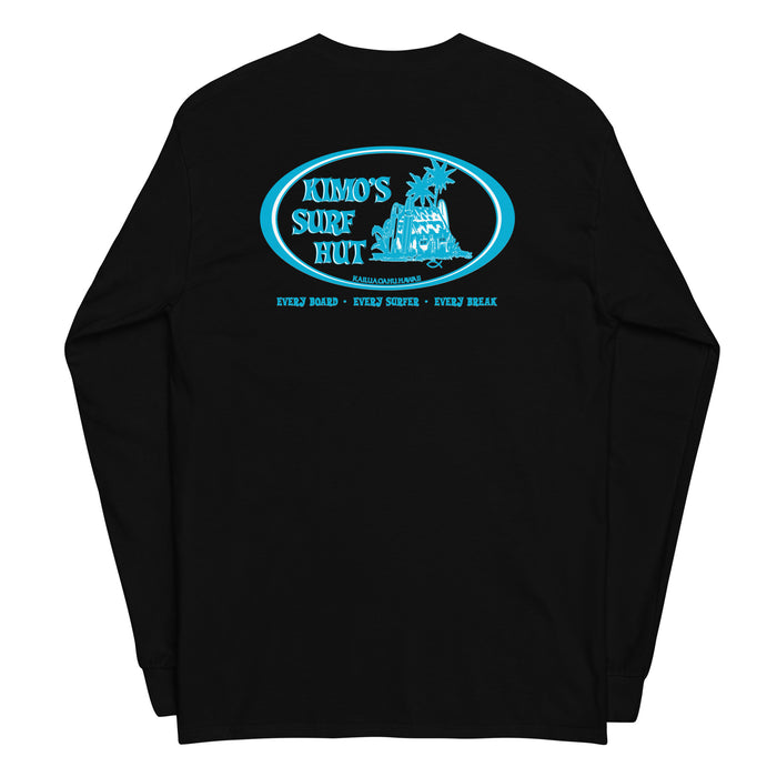Black long-sleeve crewneck shirt back view, with baby a blue and white graphic print of surfboards, palms and hut with the text 'KIMO'S SURF HUT' inside a double oval.