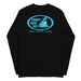 Black long-sleeve crewneck shirt back view, with baby a blue and white graphic print of surfboards, palms and hut with the text 'KIMO'S SURF HUT' inside a double oval.