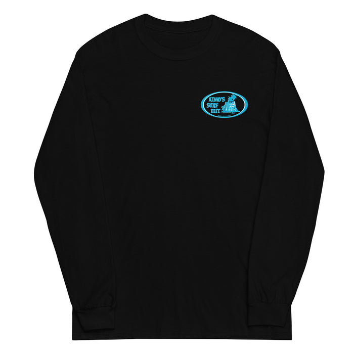 Black long-sleeve crewneck shirt front view, with baby a blue and white graphic print of surfboards, palms and hut with the text 'KIMO'S SURF HUT' inside a double oval on the left chest.