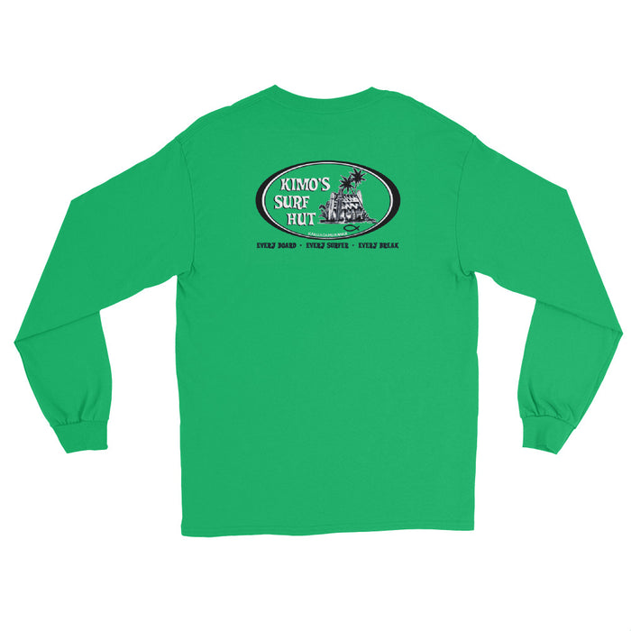 Green long-sleeve crewneck shirt shown from the back, featuring black and white graphic print of surfboards, palms and hut with the text 'KIMO'S SURF HUT' inside a double oval.