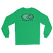 Green long-sleeve crewneck shirt shown from the back, featuring black and white graphic print of surfboards, palms and hut with the text 'KIMO'S SURF HUT' inside a double oval.
