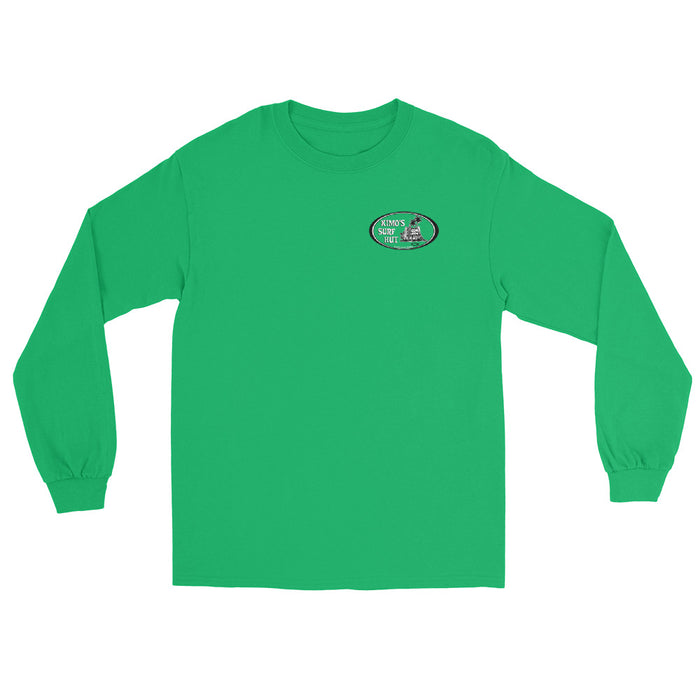 Green long-sleeve crewneck shirt front view, featuring black and white graphic print of surfboards, palms and hut with the text 'KIMO'S SURF HUT' inside a double oval on the left chest.