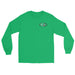 Green long-sleeve crewneck shirt front view, featuring black and white graphic print of surfboards, palms and hut with the text 'KIMO'S SURF HUT' inside a double oval on the left chest.