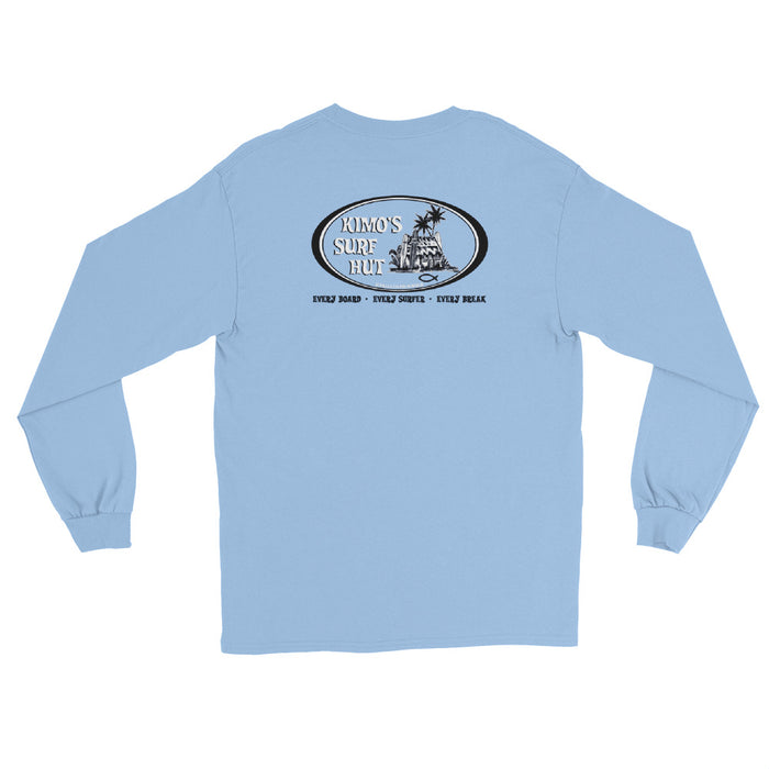 Light Blue long-sleeve crewneck shirt shown from the back, featuring black and white graphic print of surfboards, palms and hut with the text 'KIMO'S SURF HUT' inside a double oval.