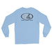 Light Blue long-sleeve crewneck shirt shown from the back, featuring black and white graphic print of surfboards, palms and hut with the text 'KIMO'S SURF HUT' inside a double oval.