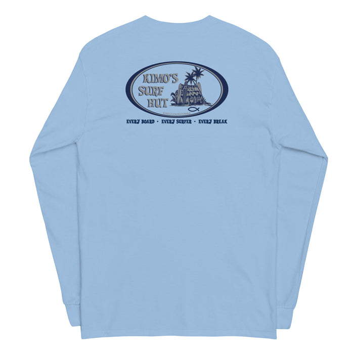 Light blue long-sleeve crewneck shirt, featuring a blue and grey graphic print of surfboards, palms and hut with the text 'KIMO'S SURF HUT' inside a double oval back view.