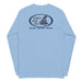 Light blue long-sleeve crewneck shirt, featuring a blue and grey graphic print of surfboards, palms and hut with the text 'KIMO'S SURF HUT' inside a double oval back view.