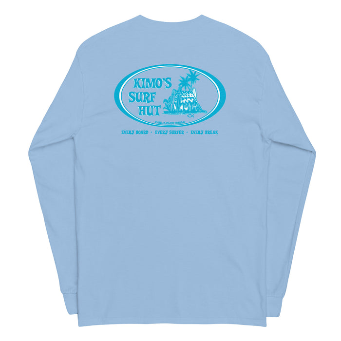 Light blue long-sleeve crewneck shirt back view, with baby a blue and white graphic print of surfboards, palms and hut with the text 'KIMO'S SURF HUT' inside a double oval.