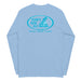 Light blue long-sleeve crewneck shirt back view, with baby a blue and white graphic print of surfboards, palms and hut with the text 'KIMO'S SURF HUT' inside a double oval.