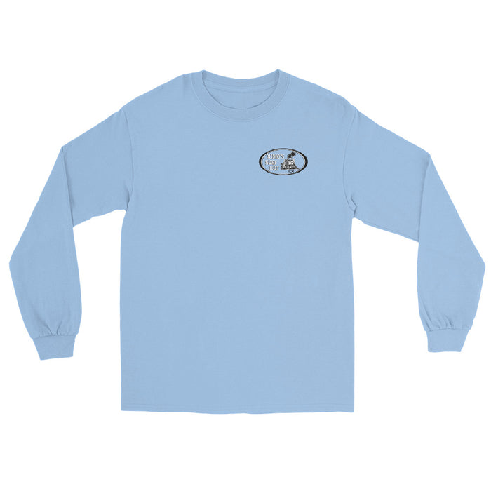 Light Blue long-sleeve crewneck shirt front view, featuring black and white graphic print of surfboards, palms and hut with the text 'KIMO'S SURF HUT' inside a double oval on the left chest.
