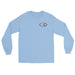 Light Blue long-sleeve crewneck shirt front view, featuring black and white graphic print of surfboards, palms and hut with the text 'KIMO'S SURF HUT' inside a double oval on the left chest.
