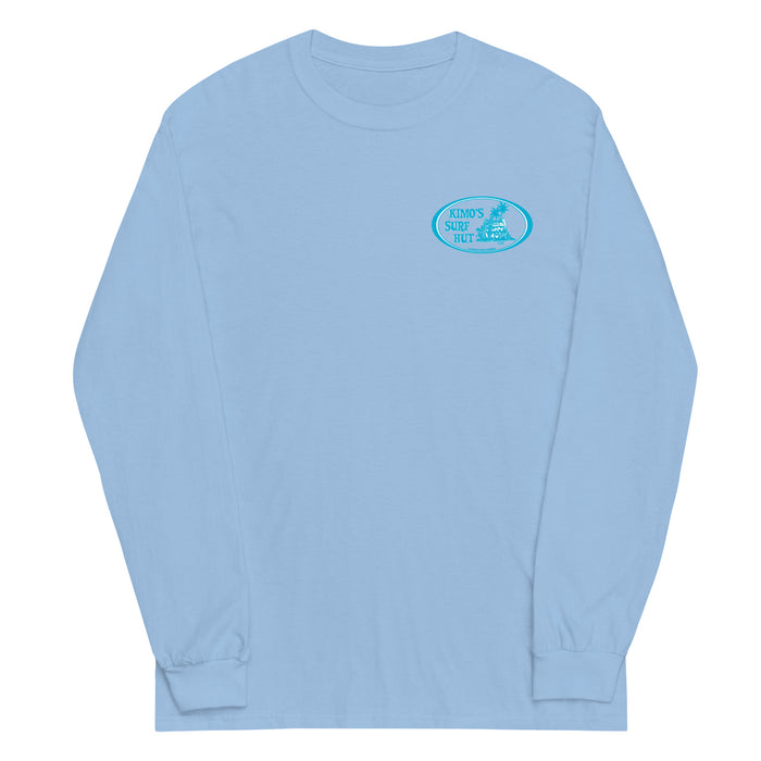 Light blue long-sleeve crewneck shirt front view, with baby a blue and white graphic print of surfboards, palms and hut with the text 'KIMO'S SURF HUT' inside a double oval on the left chest.