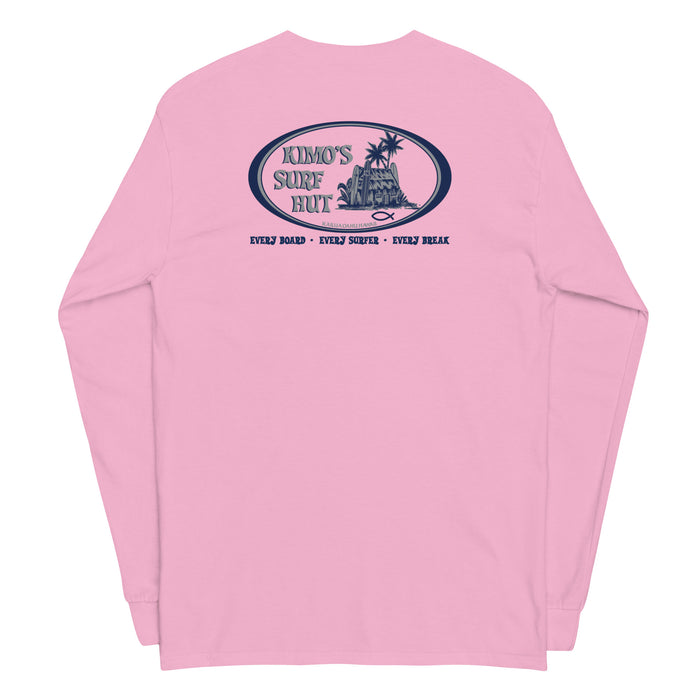 Light pink long-sleeve crewneck shirt, featuring a blue and grey graphic print of surfboards, palms and hut with the text 'KIMO'S SURF HUT' inside a double oval back view.