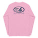 Light pink long-sleeve crewneck shirt, featuring a blue and grey graphic print of surfboards, palms and hut with the text 'KIMO'S SURF HUT' inside a double oval back view.