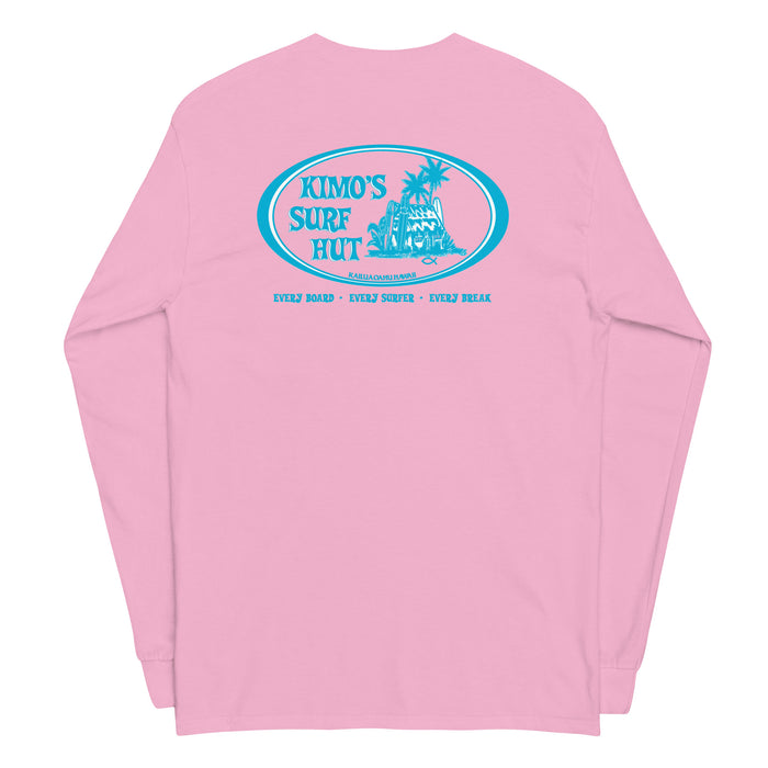 Pink long-sleeve crewneck shirt back view, with baby a blue and white graphic print of surfboards, palms and hut with the text 'KIMO'S SURF HUT' inside a double oval.