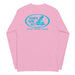 Pink long-sleeve crewneck shirt back view, with baby a blue and white graphic print of surfboards, palms and hut with the text 'KIMO'S SURF HUT' inside a double oval.