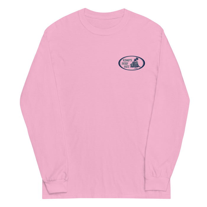 Light pink long-sleeve crewneck shirt shown from the front, featuring a blue and grey graphic print of surfboards, palms and hut with the text 'KIMO'S SURF HUT' inside a double oval on the left chest.