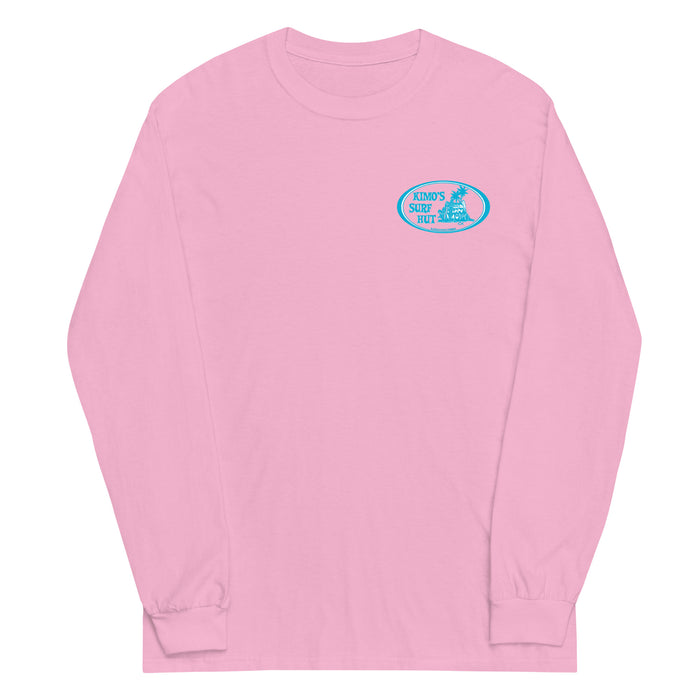 Pink long-sleeve crewneck shirt front view, with baby a blue and white graphic print of surfboards, palms and hut with the text 'KIMO'S SURF HUT' inside a double oval on the left chest.