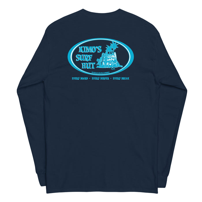Navy long-sleeve crewneck shirt back view, with baby a blue and white graphic print of surfboards, palms and hut with the text 'KIMO'S SURF HUT' inside a double oval.