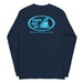 Navy long-sleeve crewneck shirt back view, with baby a blue and white graphic print of surfboards, palms and hut with the text 'KIMO'S SURF HUT' inside a double oval.