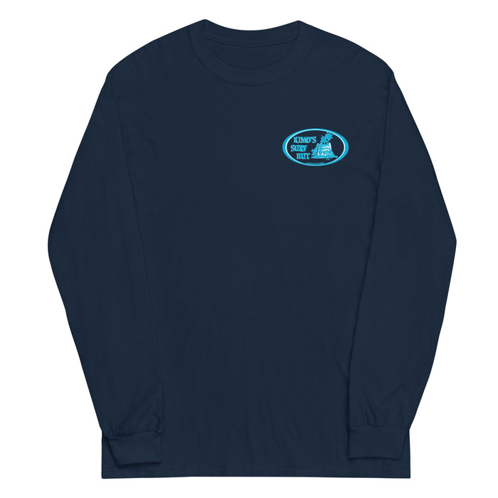Navy long-sleeve crewneck shirt front view, with baby a blue and white graphic print of surfboards, palms and hut with the text 'KIMO'S SURF HUT' inside a double oval on the left chest.