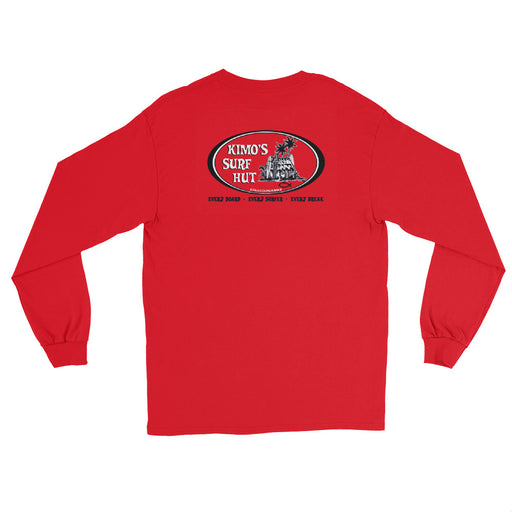 Red long-sleeve crewneck shirt shown from the back, featuring black and white graphic print of surfboards, palms and hut with the text 'KIMO'S SURF HUT' inside a double oval.