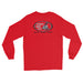 Red long-sleeve crewneck shirt shown from the back, featuring black and white graphic print of surfboards, palms and hut with the text 'KIMO'S SURF HUT' inside a double oval.