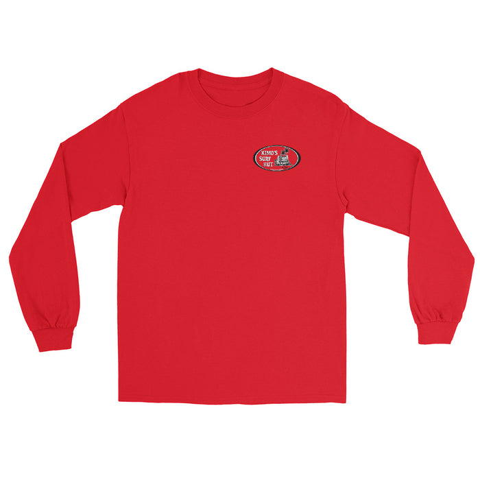 Red long-sleeve crewneck shirt front view, featuring black and white graphic print of surfboards, palms and hut with the text 'KIMO'S SURF HUT' inside a double oval on the left chest.