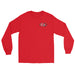 Red long-sleeve crewneck shirt front view, featuring black and white graphic print of surfboards, palms and hut with the text 'KIMO'S SURF HUT' inside a double oval on the left chest.