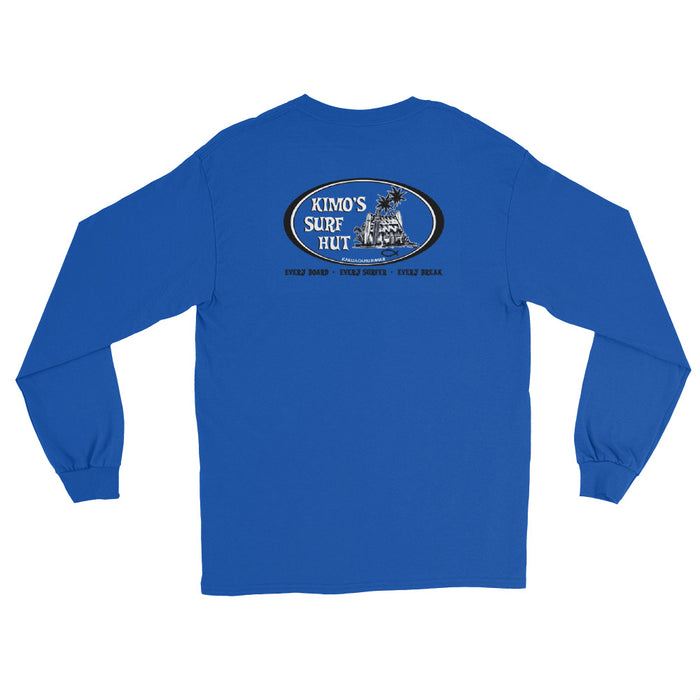 Blue long-sleeve crewneck shirt shown from the back, featuring black and white graphic print of surfboards, palms and hut with the text 'KIMO'S SURF HUT' inside a double oval.