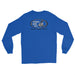 Blue long-sleeve crewneck shirt shown from the back, featuring black and white graphic print of surfboards, palms and hut with the text 'KIMO'S SURF HUT' inside a double oval.