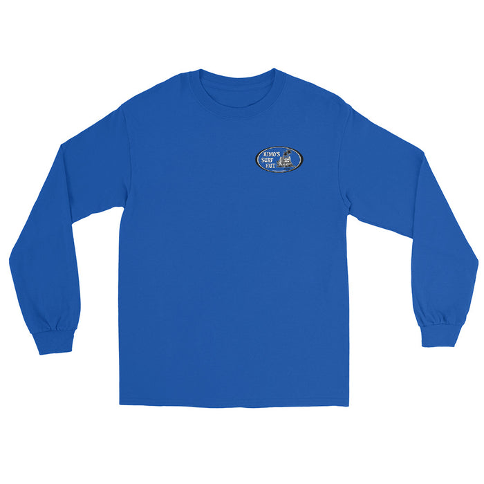 Blue long-sleeve crewneck shirt front view, featuring black and white graphic print of surfboards, palms and hut with the text 'KIMO'S SURF HUT' inside a double oval on the left chest.