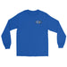 Blue long-sleeve crewneck shirt front view, featuring black and white graphic print of surfboards, palms and hut with the text 'KIMO'S SURF HUT' inside a double oval on the left chest.