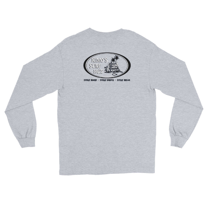 Grey long-sleeve crewneck shirt shown from the back, featuring black and white graphic print of surfboards, palms and hut with the text 'KIMO'S SURF HUT' inside a double oval.