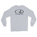 Grey long-sleeve crewneck shirt shown from the back, featuring black and white graphic print of surfboards, palms and hut with the text 'KIMO'S SURF HUT' inside a double oval.
