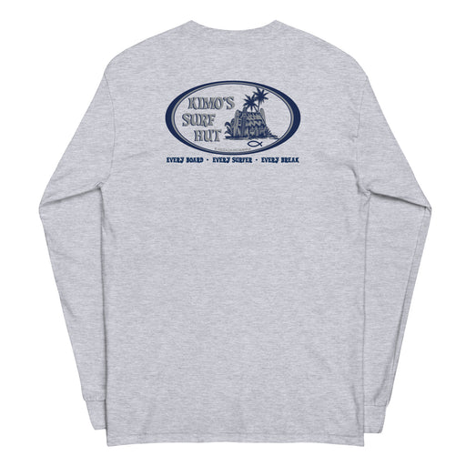 Grey long-sleeve crew neck shirt, featuring a blue and grey graphic print of surfboards, palms and hut with the text 'KIMO'S SURF HUT' inside a double oval back view.