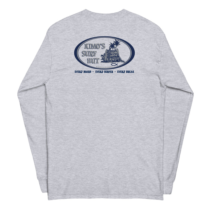 Grey long-sleeve crewneck shirt, featuring a blue and grey graphic print of surfboards, palms and hut with the text 'KIMO'S SURF HUT' inside a double oval back view.