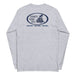 Grey long-sleeve crewneck shirt, featuring a blue and grey graphic print of surfboards, palms and hut with the text 'KIMO'S SURF HUT' inside a double oval back view.