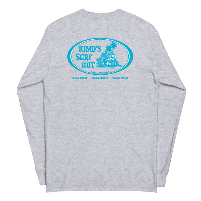 Grey long-sleeve crewneck shirt back view, with baby a blue and white graphic print of surfboards, palms and hut with the text 'KIMO'S SURF HUT' inside a double oval.